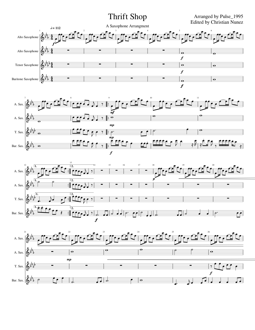 Thrift Shop Sheet music for Saxophone alto, Saxophone tenor, Saxophone