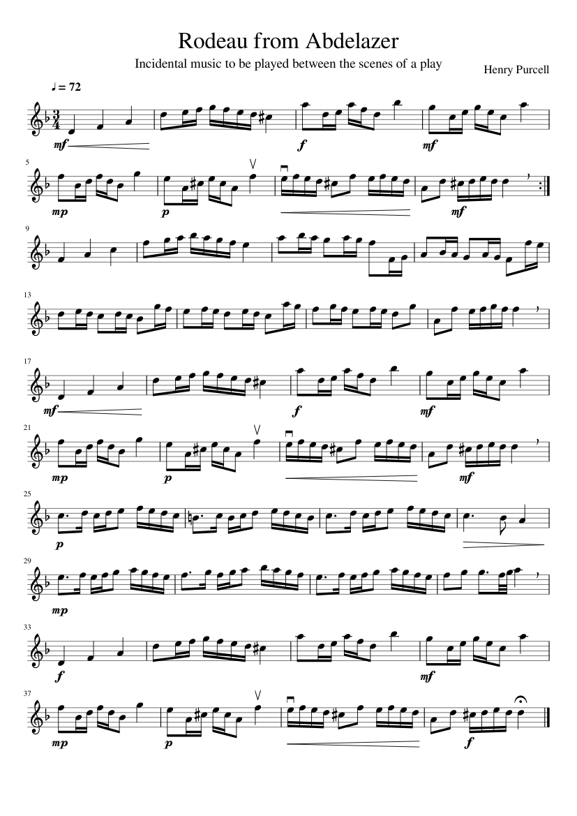 Rodeau from Abdelazer - Henry Purcell Sheet Music for Violin (Solo ...