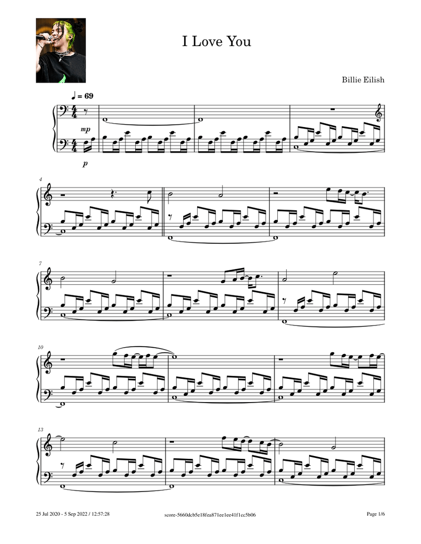 I Love You – Billie Eilish I Love You (piano version only) – Billie Eilish Sheet  music for Piano (Solo) | Musescore.com