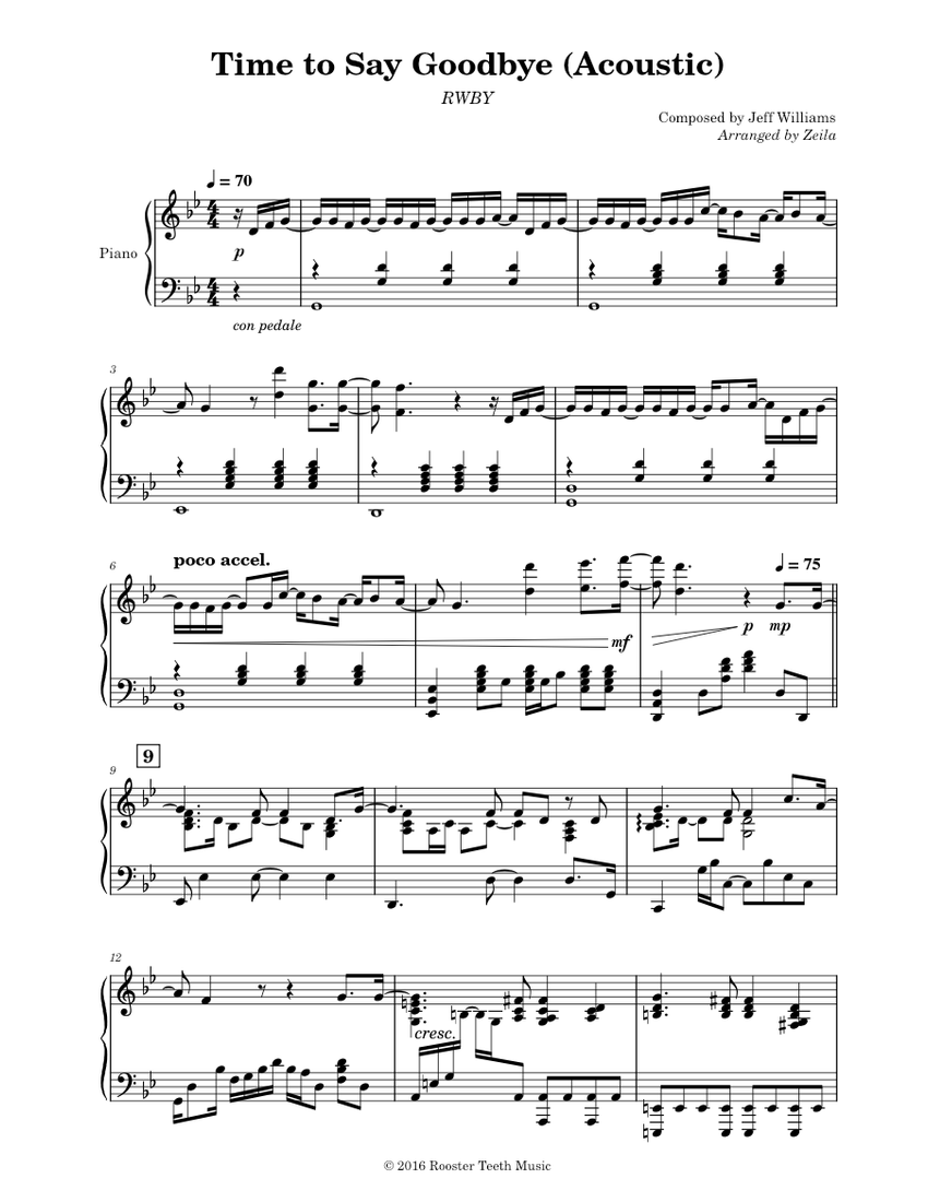RWBY - Time To Say Goodbye (Acoustic) (Piano) Sheet music for Piano