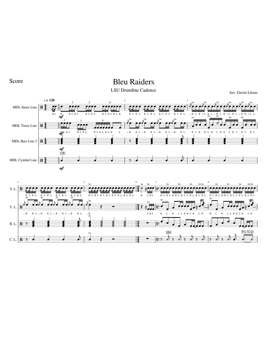 Bleu_Raiders Sheet music for Snare drum, Crash, Tenor drum, Bass drum