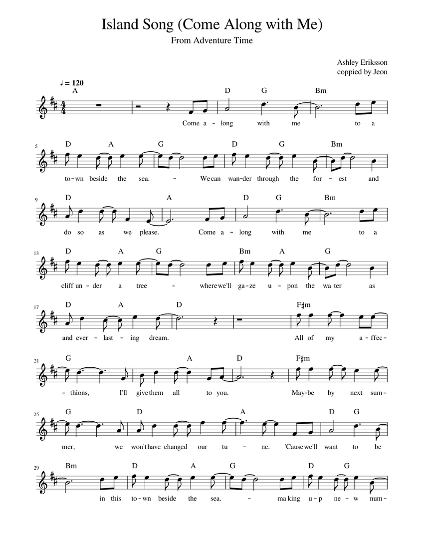 Island Song Come Along With Me From Adventure Time Sheet Music For Piano Solo Download And Print In Pdf Or Midi Free Sheet Music For Island Song By Ashley Eriksson Folk