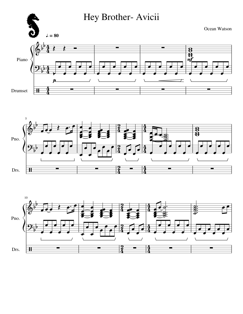 Avicii-Hey Brother Sheet music for Piano, Drum group (Mixed Duet) |  Musescore.com