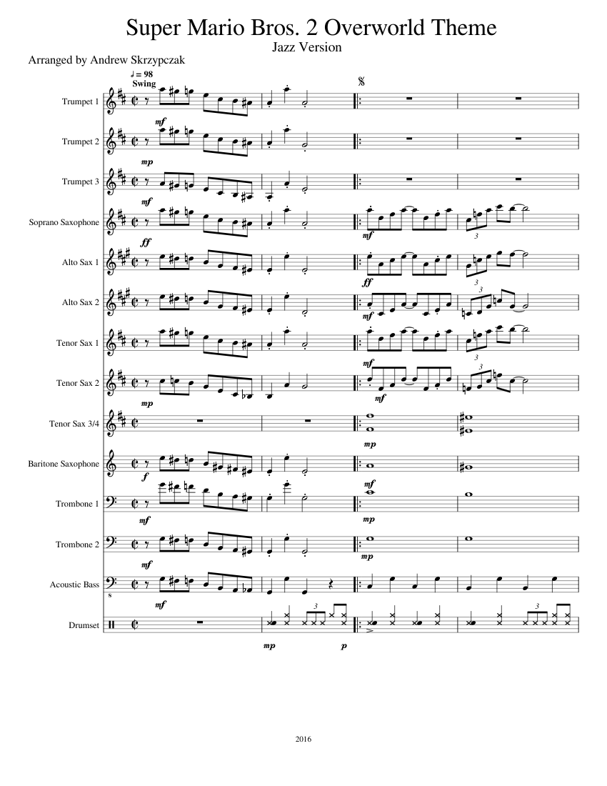 Super Mario Bros. 2 Overworld Theme-jazz version Sheet music for Trombone,  Saxophone alto, Saxophone tenor, Saxophone baritone & more instruments  (Mixed Ensemble) | Musescore.com