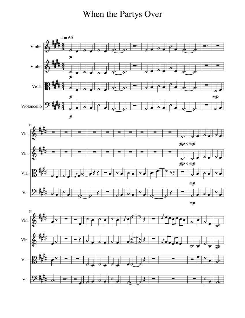 When the partys over sheet music for violin viola cello string
