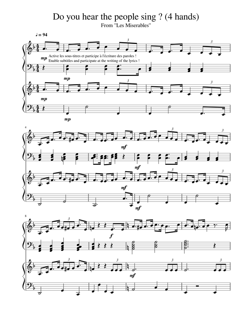 Do You Hear The People Sing 4 Hands Sheet Music For Piano Mixed Quartet Musescore Com