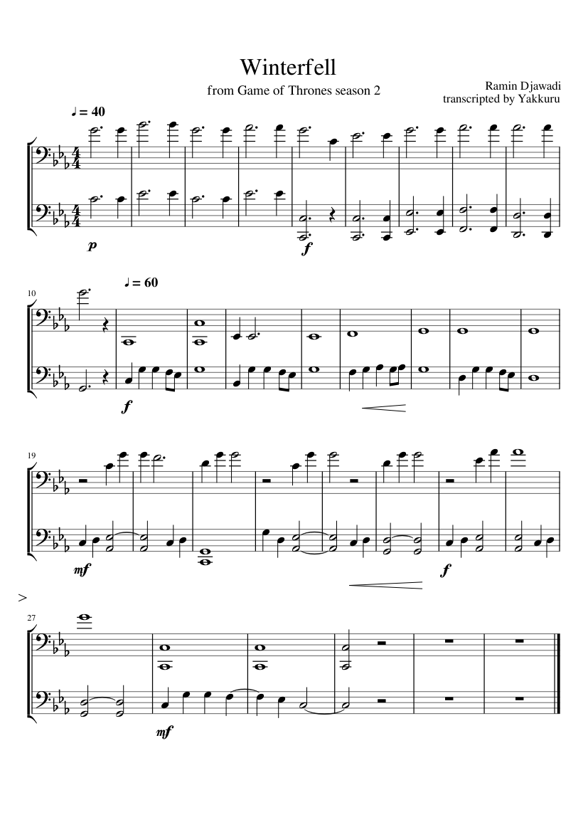 Winterfell - 2 Cellos - Game of Thrones season 2 Sheet music for Cello  (Solo) | Musescore.com