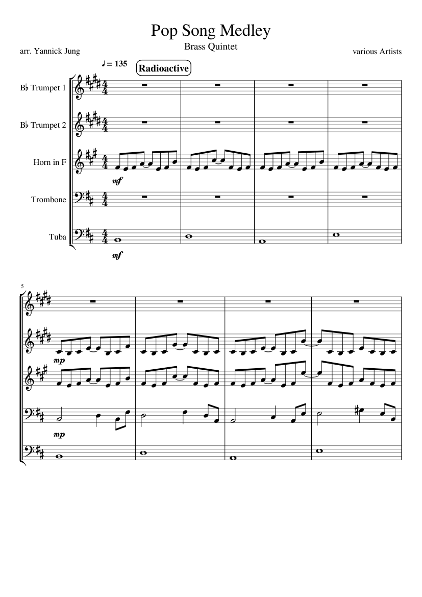Pop Song Medley - Brass Quintet Sheet music for Trombone, Tuba, Trumpet in  b-flat, French horn (Brass Quintet)