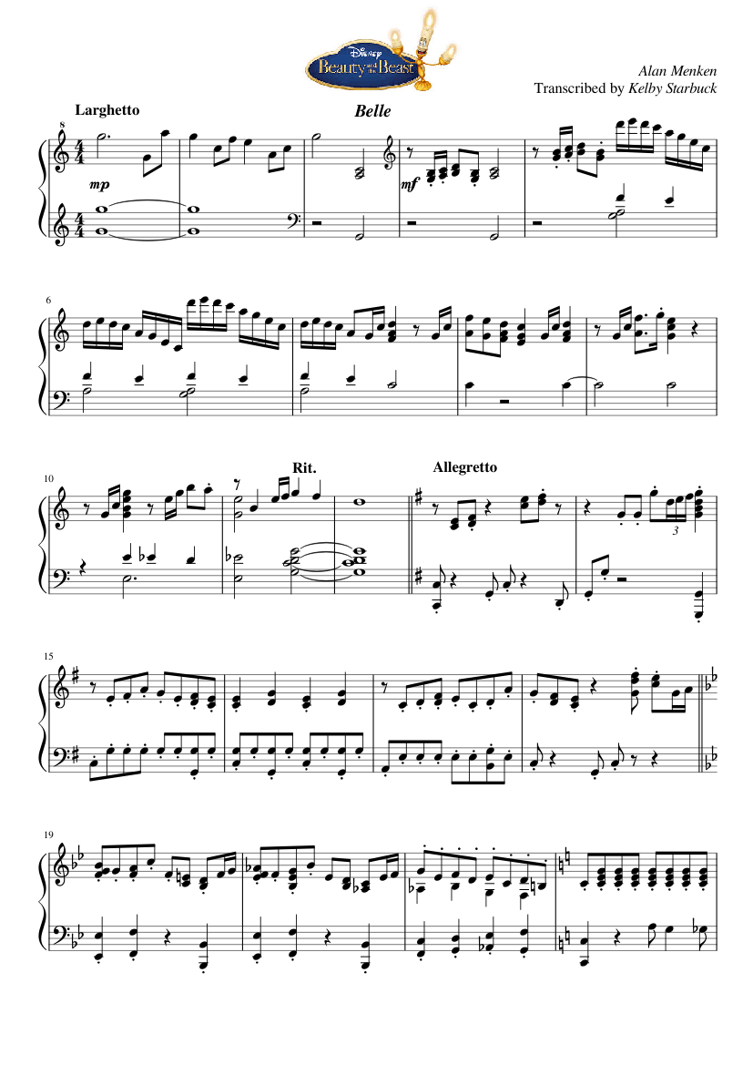 Beauty and the Beast - Belle - Piano Solo | Transcribed by Kelby Starbuck  Sheet music for Piano (Solo) | Musescore.com
