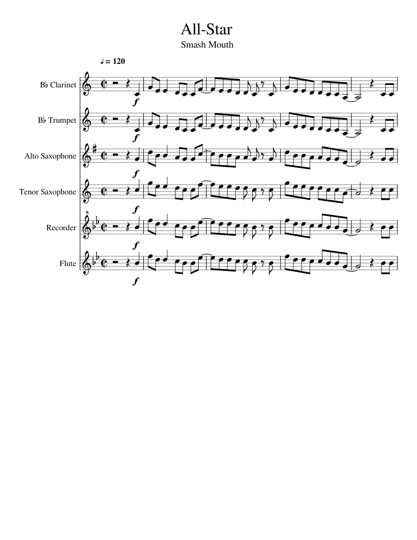 Smash Mouth - All-Star Sheet music for Flute, Clarinet in b-flat, Saxophone  alto, Saxophone tenor & more instruments (Mixed Ensemble) | Musescore.com