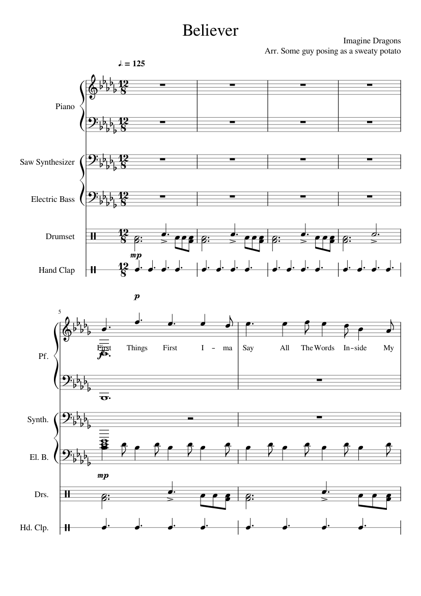 Believer Imagine Dragons Sheet music for Piano, Bass guitar, Drum group ...