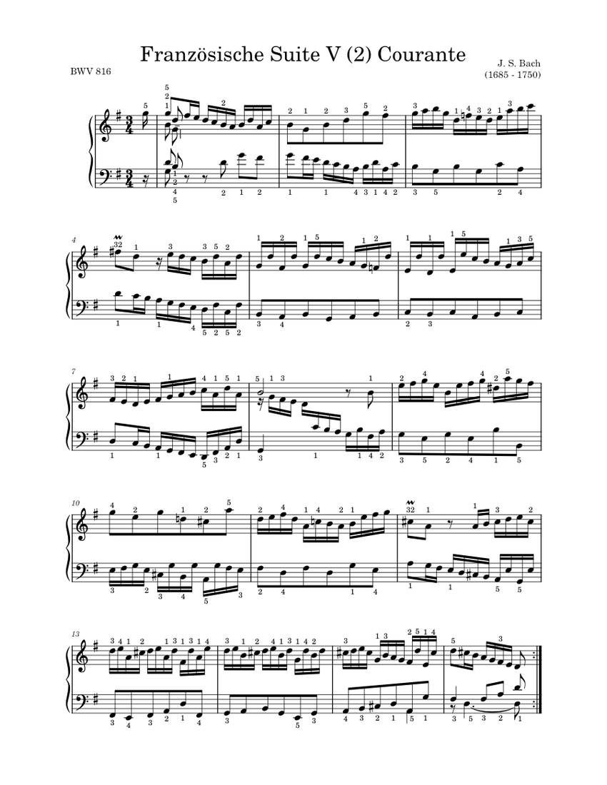 French Suite No.5 in G major, BWV 816 J. S. Bach (2) Courante Sheet