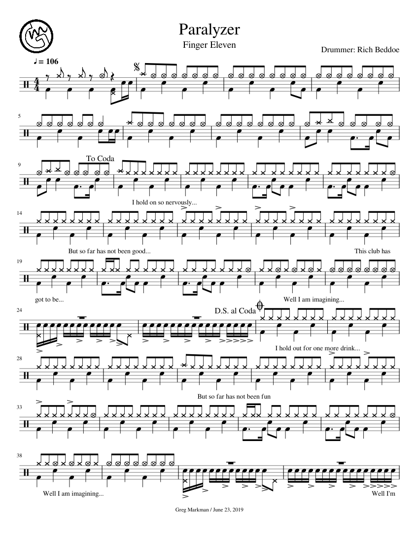 Finger Eleven Paralyzer Sheet Music For Drum Group Solo Musescore Com