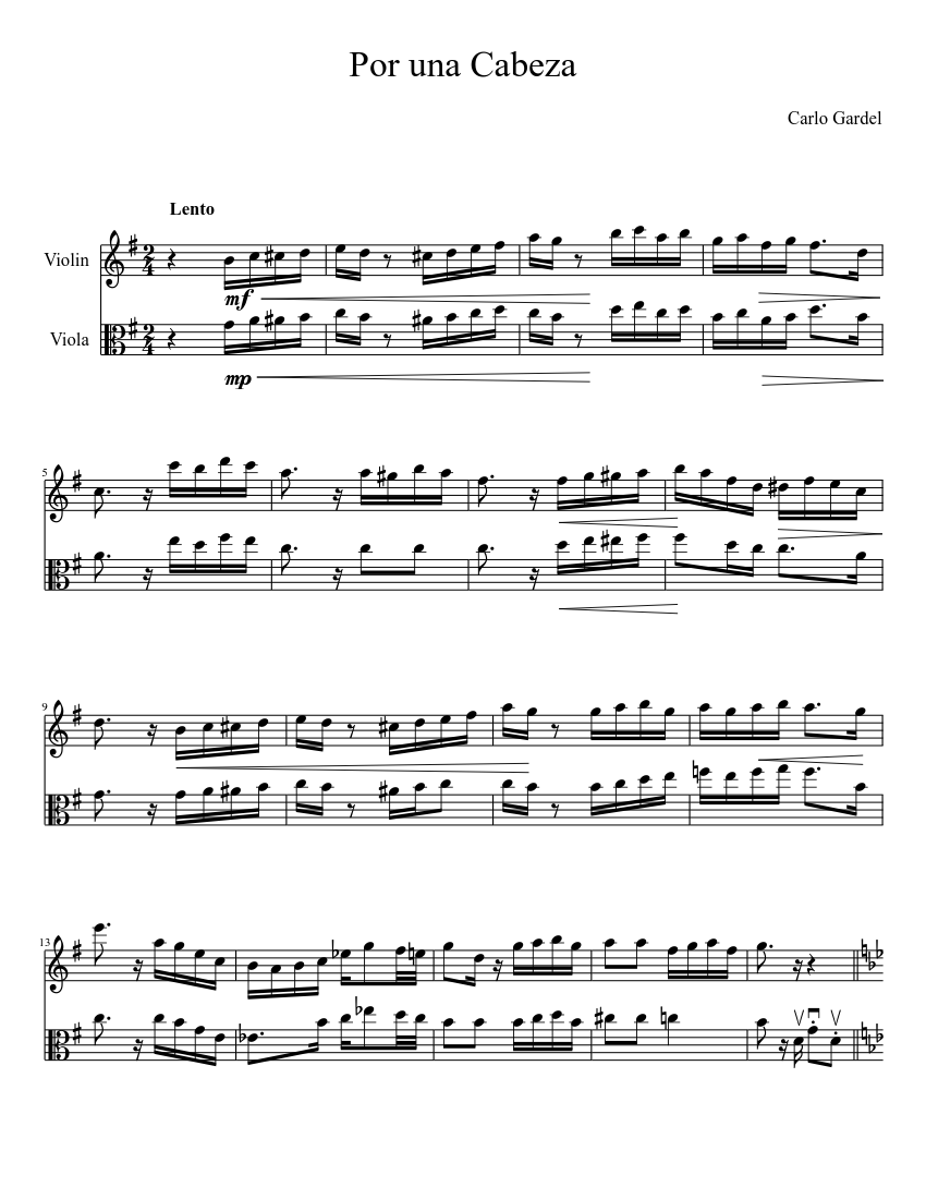 Por Una Cabeza Violin And Viola Sheet Music For Violin Viola String Duet Musescore Com