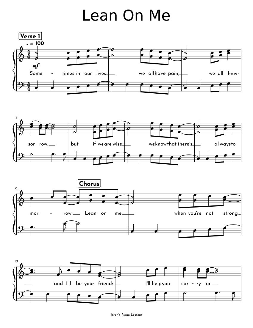 Lean On Me Sheet Music For Piano Solo 