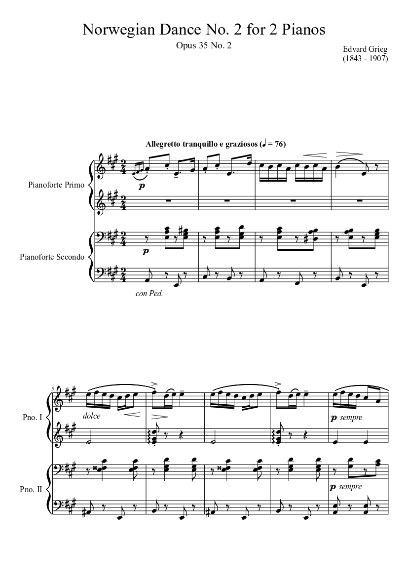 Norwegian Dance Opus 35 No. 2 for 2 Pianos Sheet music for Piano (Piano  Duo) | Musescore.com