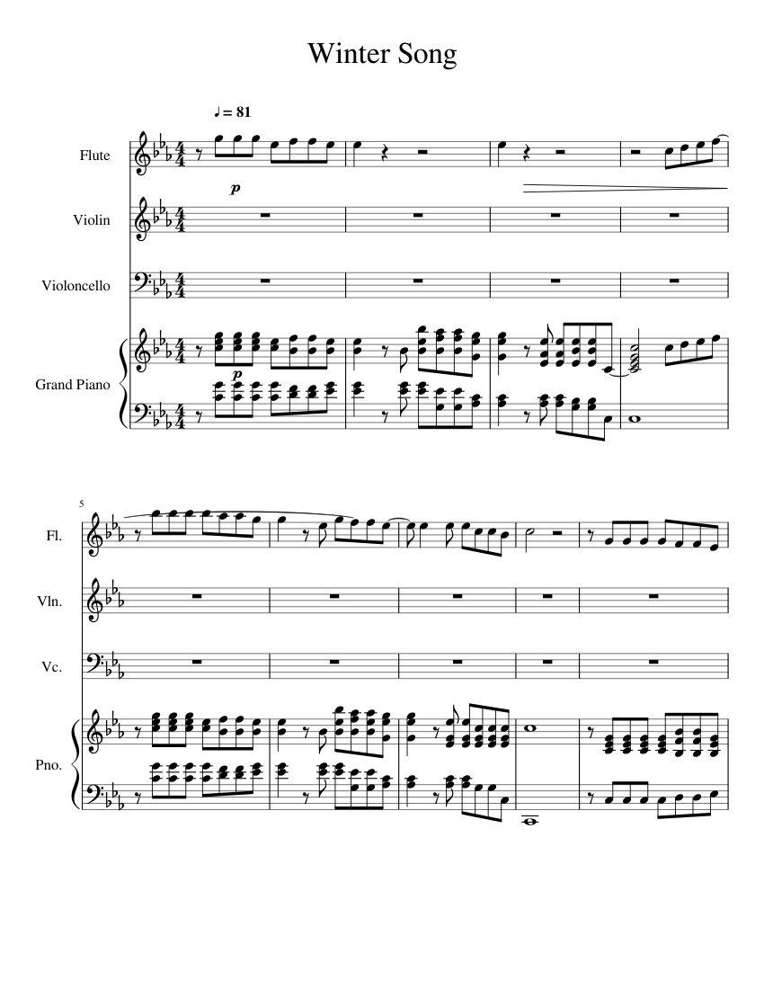 Download Winter Song accompaniment Sheet music for Violin, Flute, Cello, Piano (Mixed Quartet ...