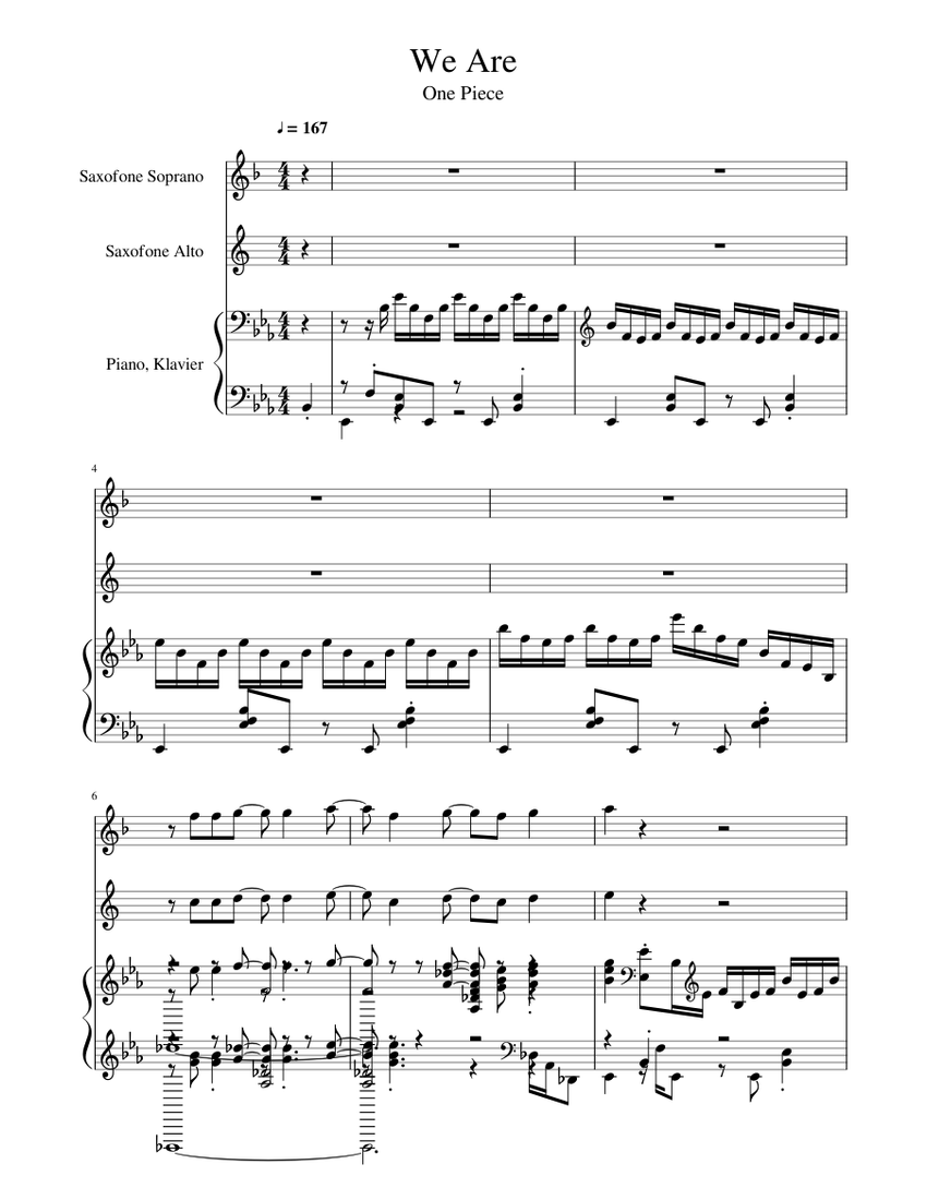 We Are One Piece Opening Sheet Music For Piano Saxophone Alto Saxophone Soprano Mixed Trio Musescore Com