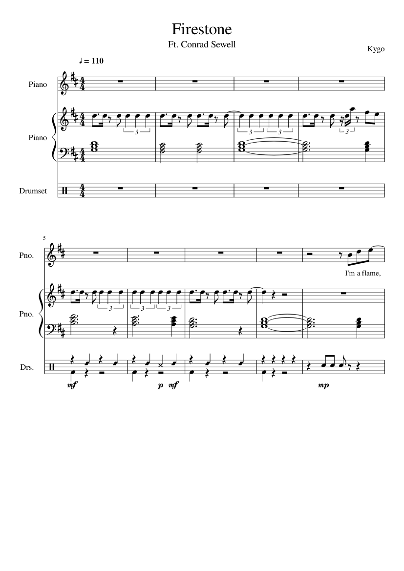 Kygo - Firestone (Ft. Conrad Sewell) Sheet music for Piano, Drum group  (Mixed Trio) | Musescore.com