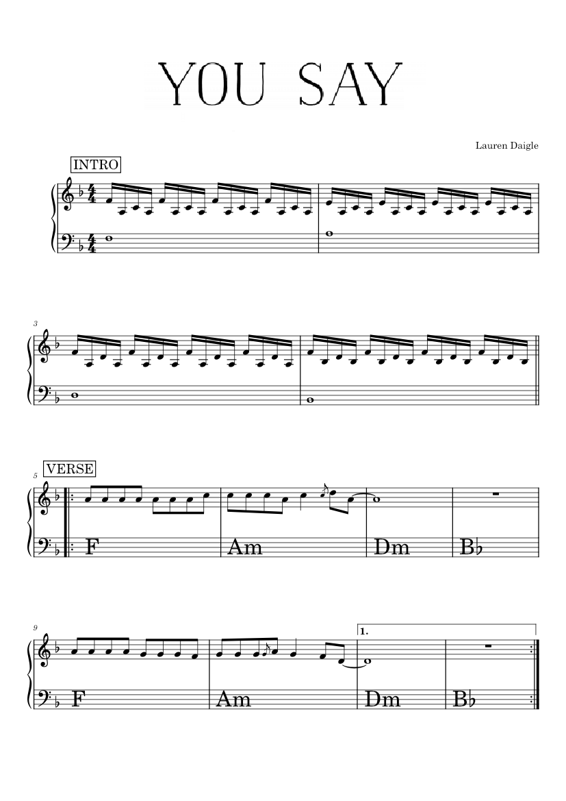 You Say Lauren Daigle Sheet Music For Piano Solo Easy 5231