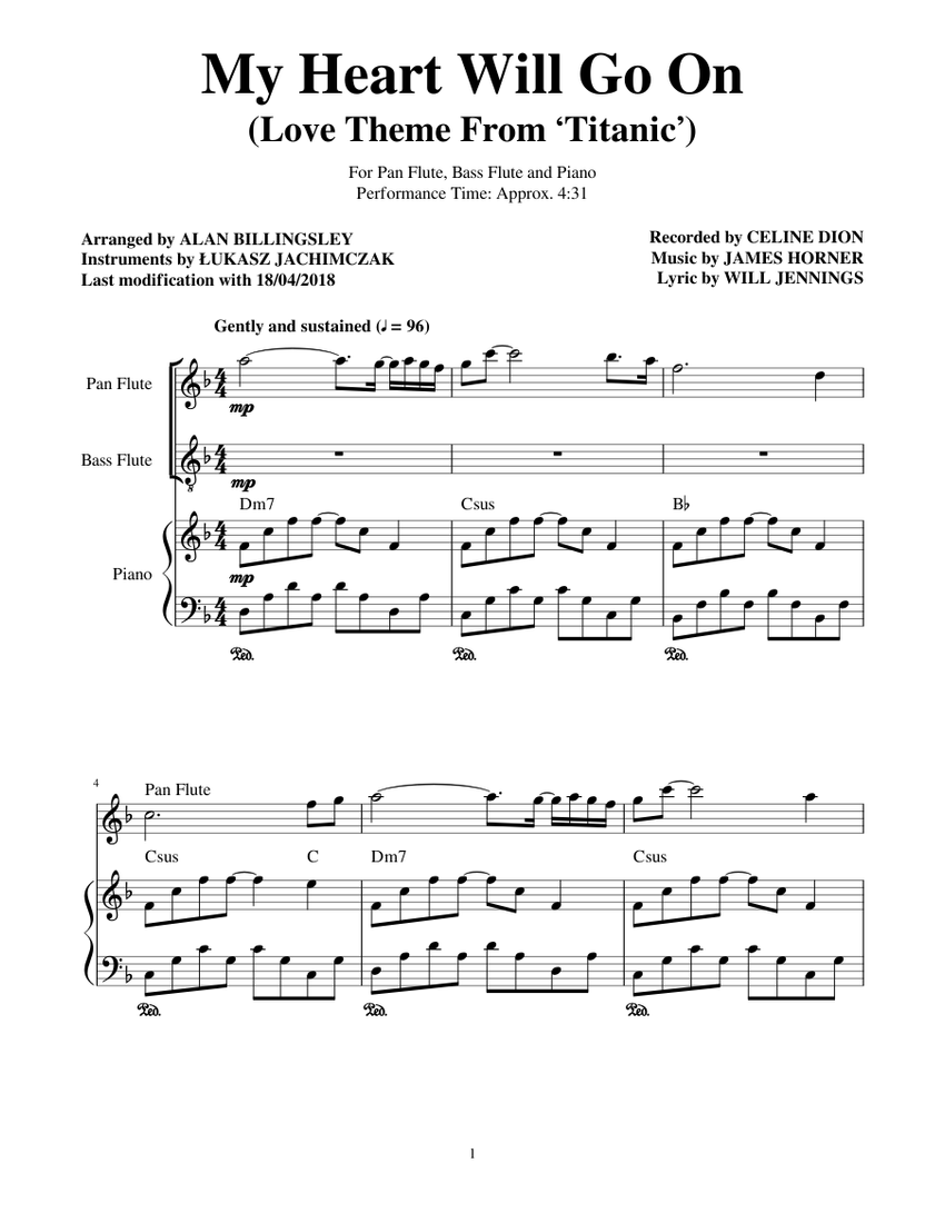 My Heart Will Go On by Celine Dion from Titanic for Flute and Piano Sheet  music for Piano, Flute, Flute (Bass) (Mixed Trio) | Musescore.com