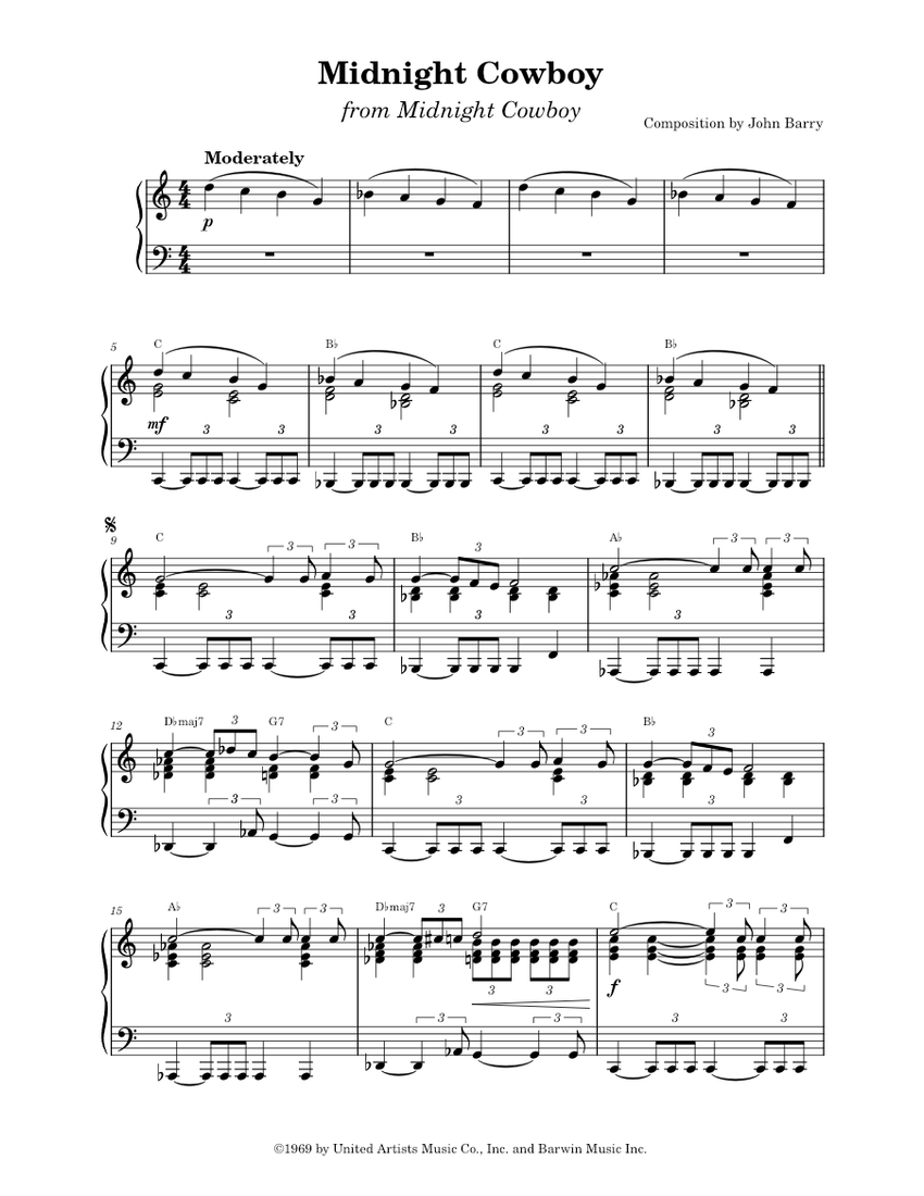 Midnight Cowboy – John Barry Sheet music for Piano (Solo) | Musescore.com