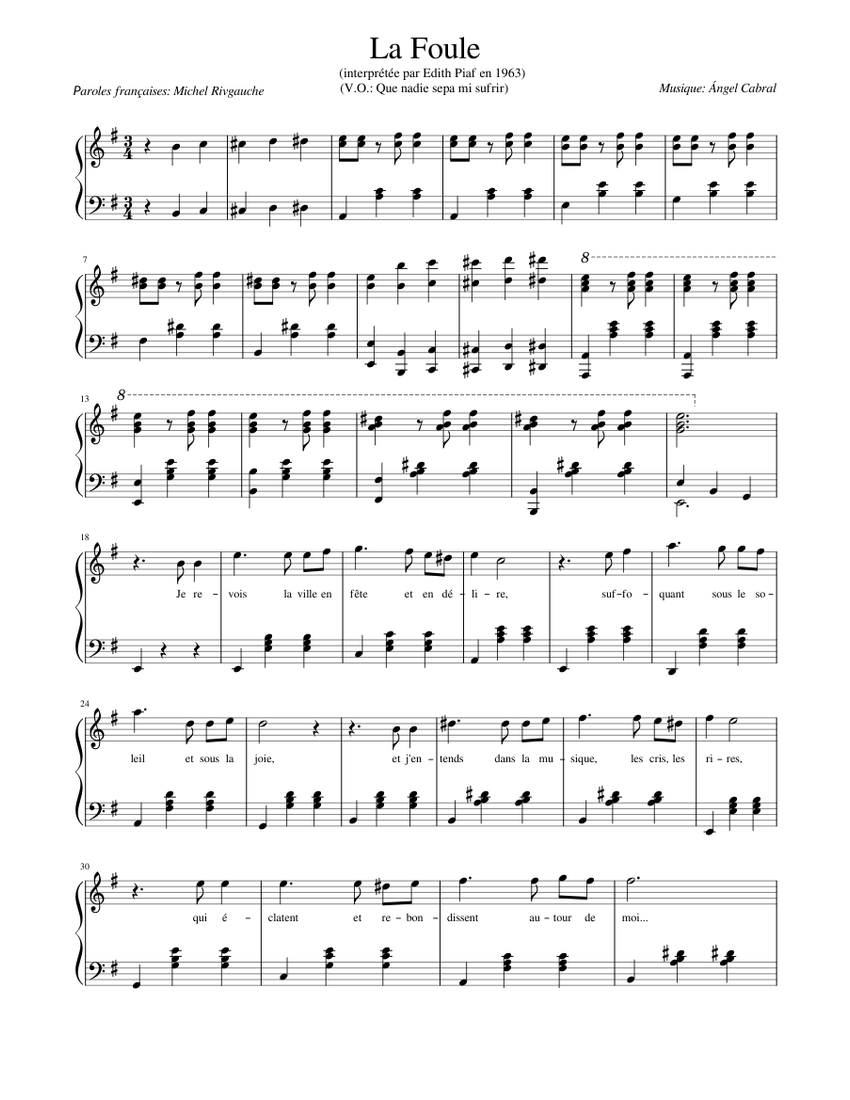 La foule, Edith Piaf, piano-chant Sheet music for Piano (Solo) |  Musescore.com