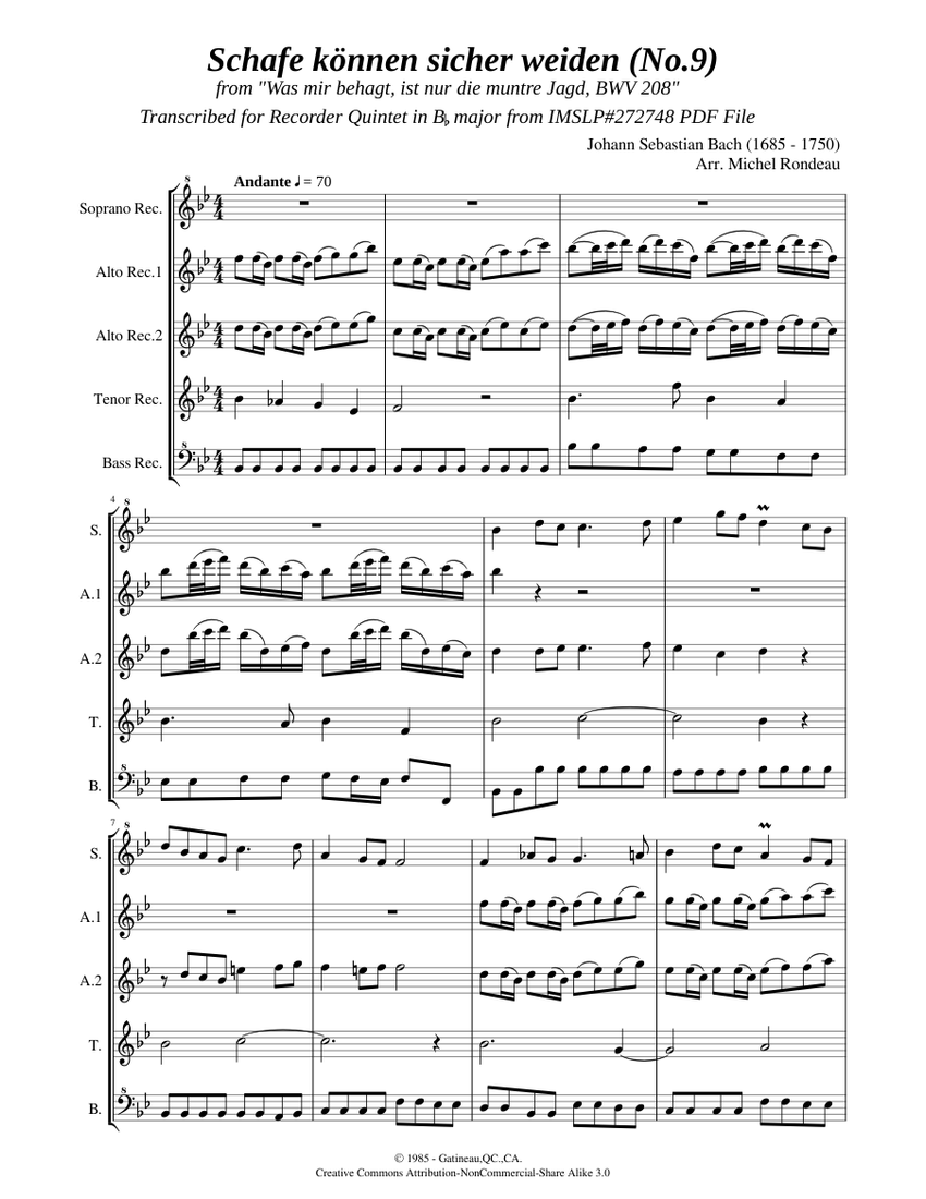 Bach, J. S. _ Schafe konnen sicher weiden from " Was mir behagt, ist nur  die muntre Jagd, BWV 208 " Sheet music for Recorder (Woodwind Quintet) |  Musescore.com