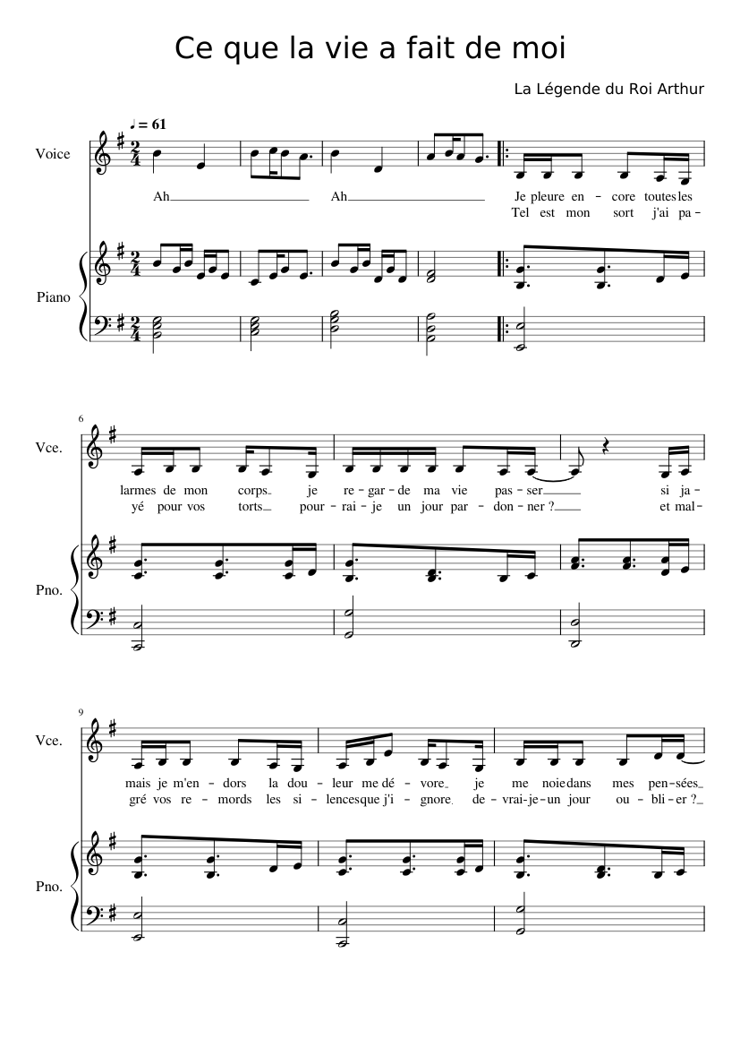 La légende du Roi Arthur | Ce que la vie a fait de moi (piano-voice) Sheet  music for Piano, Violin (Mixed Duet) | Musescore.com