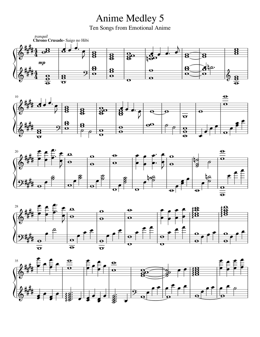 Anime Medley- No. 5 Sheet Music for Piano (Solo) | MuseScore.com