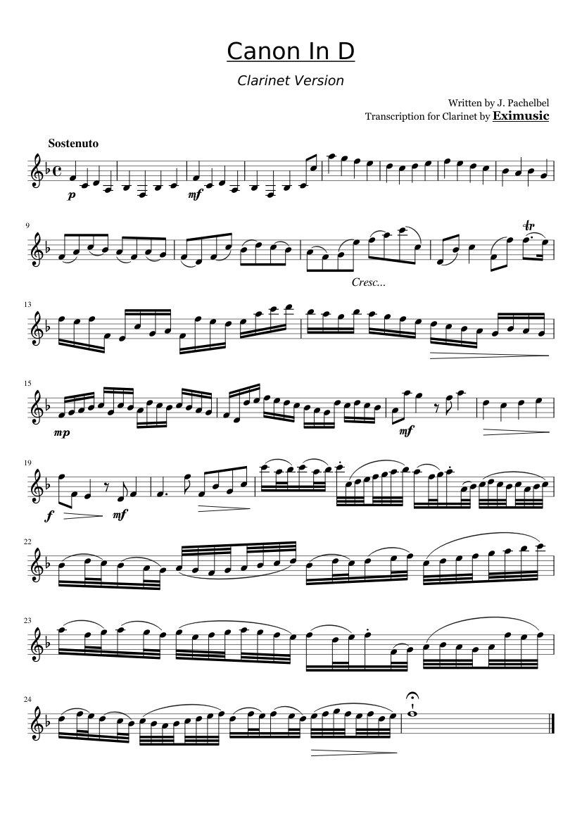 Canon In D Clarinet Sheet music for Clarinet in b-flat (Solo) |  Musescore.com