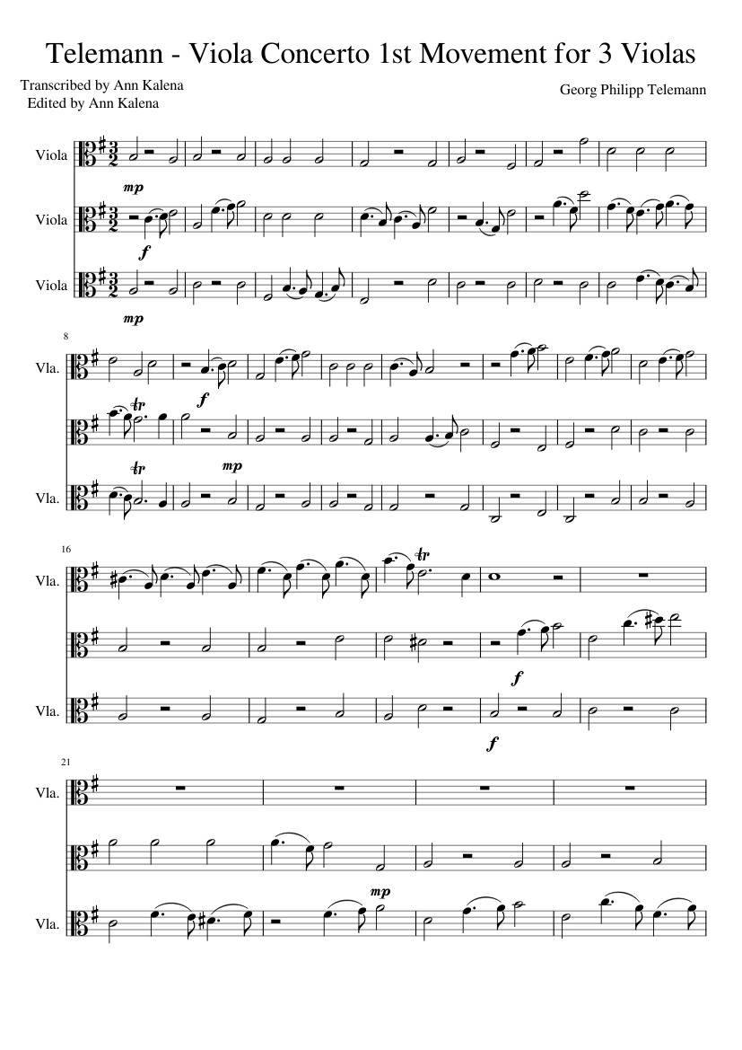 unhealthy crocodile speed Telemann Viola Concerto 1st Movement for 3 Violas (INCOMPLETE) Sheet music  for Viola (Mixed Trio) | Musescore.com