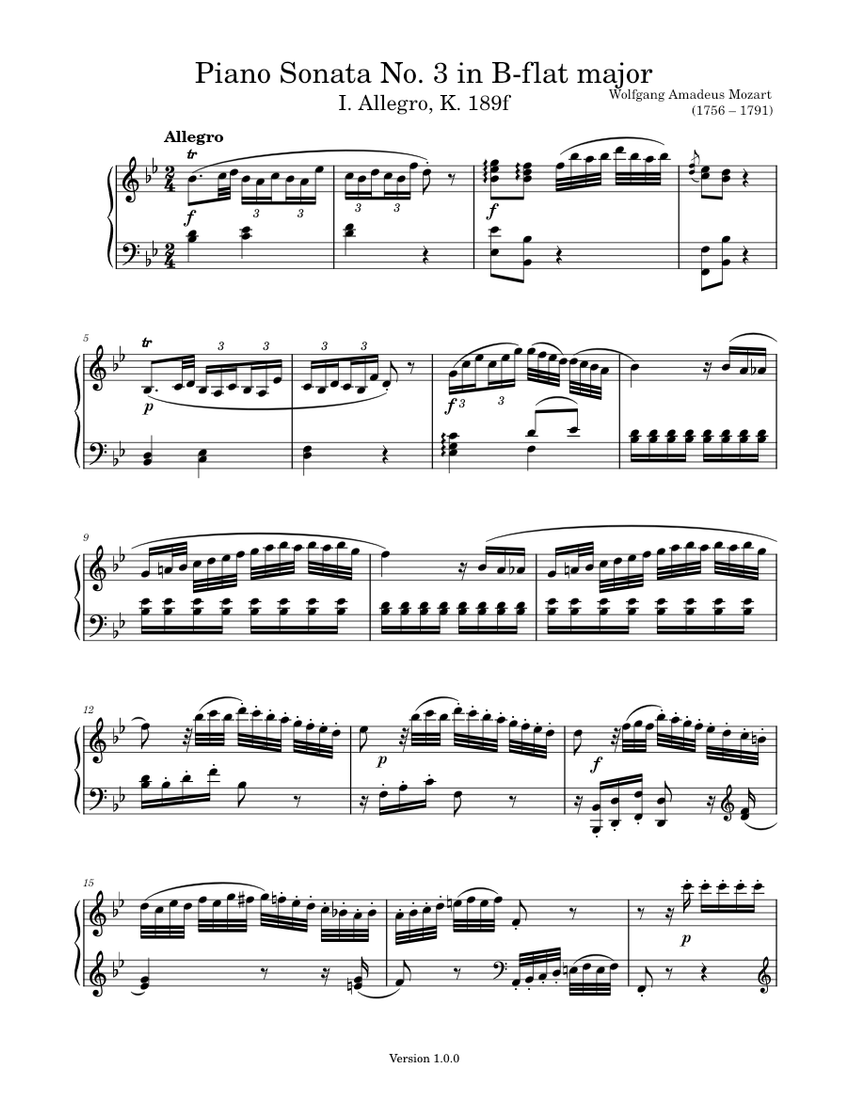 [I. Allegro] Piano Sonata No. 3 In B-flat Major, K. 189f – W. A. Mozart ...