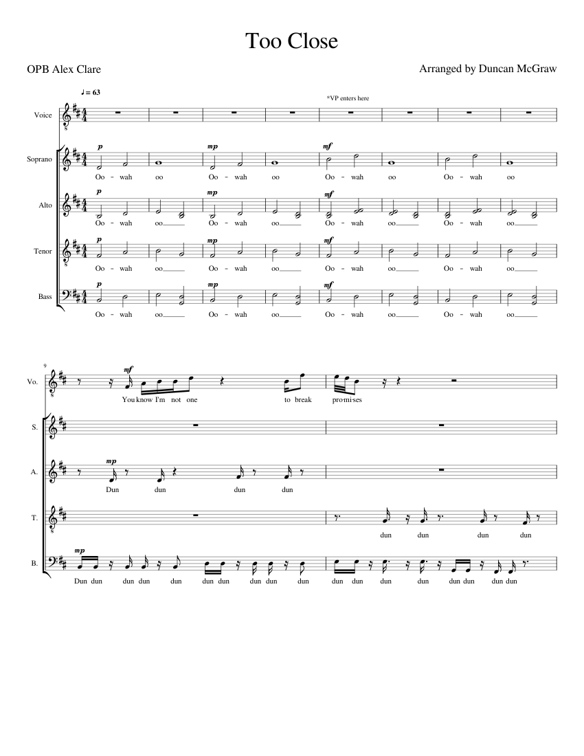 Too Close SATB Arrangement Sheet Music For Soprano, Alto, Tenor, Bass ...