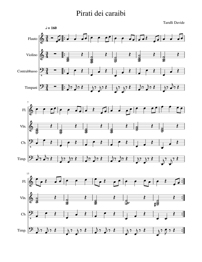 Pirati dei Caraibi Sheet music for Flute, Contrabass, Timpani, Violin  (Mixed Quartet) | Musescore.com