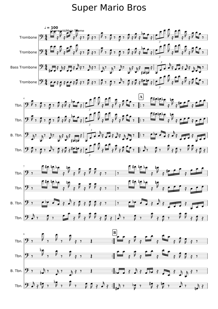 Super Mario Bros Medley Trombone Quartet Sheet music for Trombone, Trombone  bass (Mixed Quartet) | Musescore.com