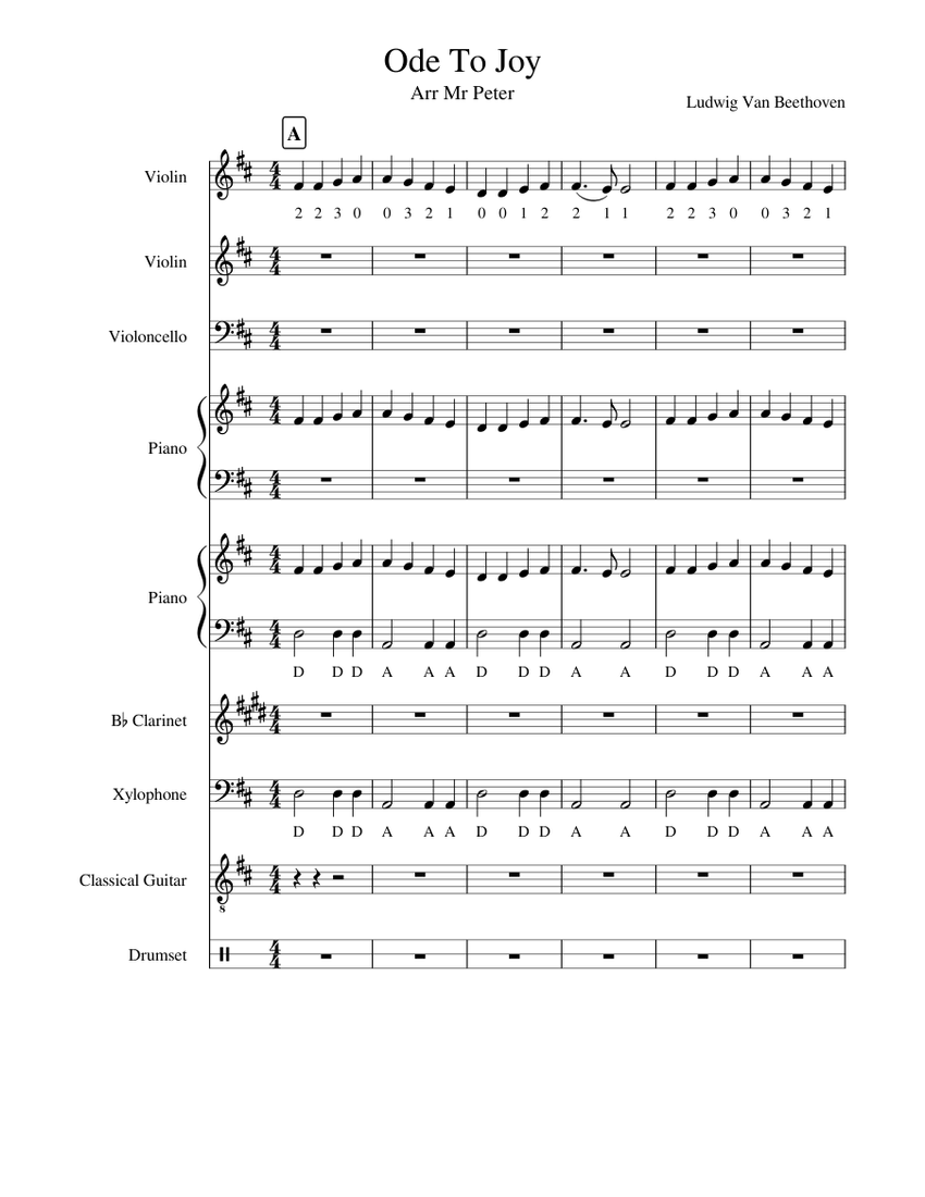 Ode To Joy Sheet music for Piano, in bflat, Violin, Cello