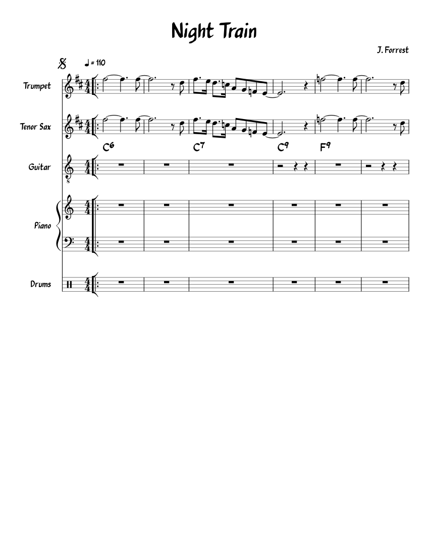 Night Train Sheet Music For Piano Trumpet In B Flat Drum Group Saxophone Tenor More Instruments Mixed Quintet Musescore Com