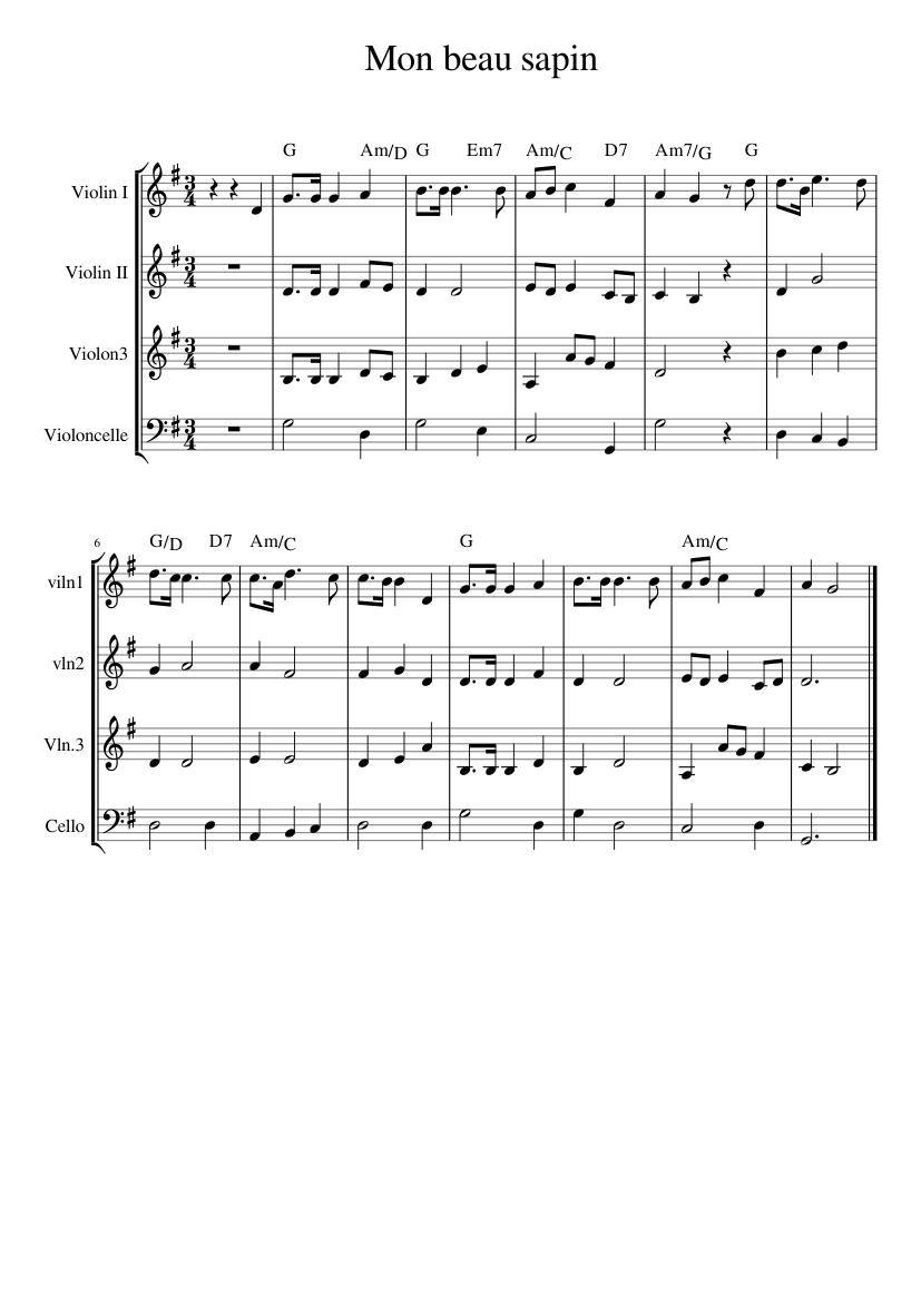 MON BEAU SAPIN Sheet music for Violin, Cello (Mixed Quartet) | Musescore.com