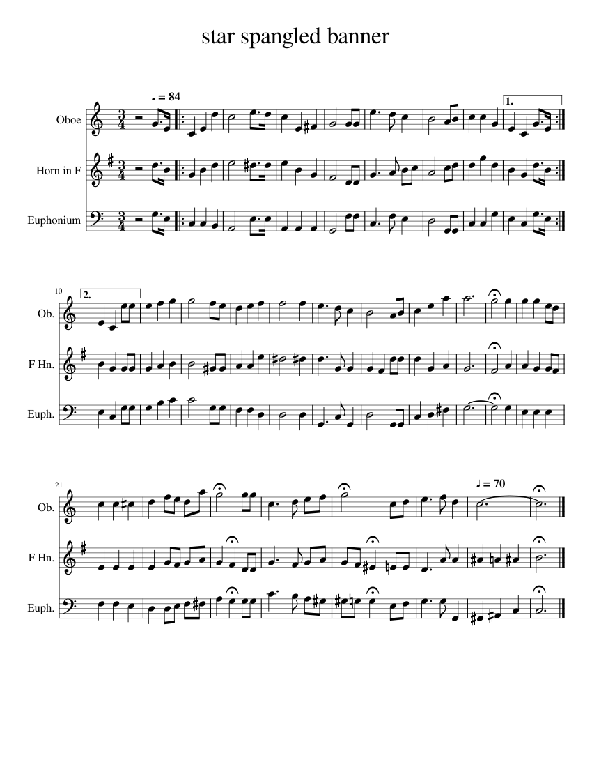 star_spangled_banner parts Sheet music for French Horn, Oboe, Euphonium