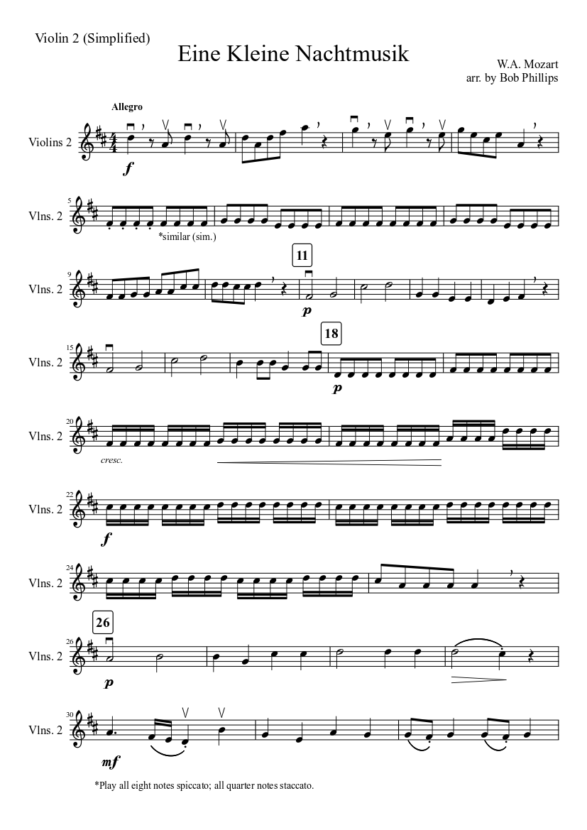 Eine Kleine Nachtmusik Violin 2 (Simplified) Sheet music for Strings group  (Solo) | Musescore.com