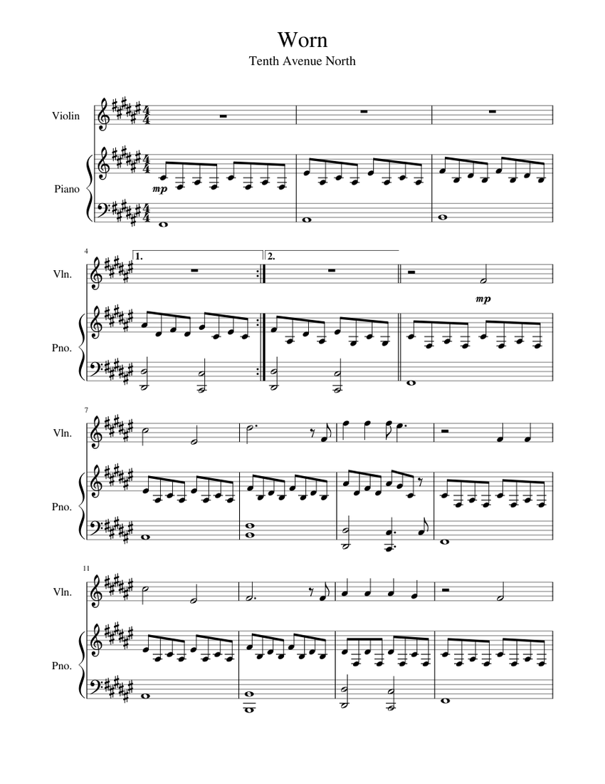 Worn Tenth Avenue North Sheet Music For Piano Violin Solo Musescore Com