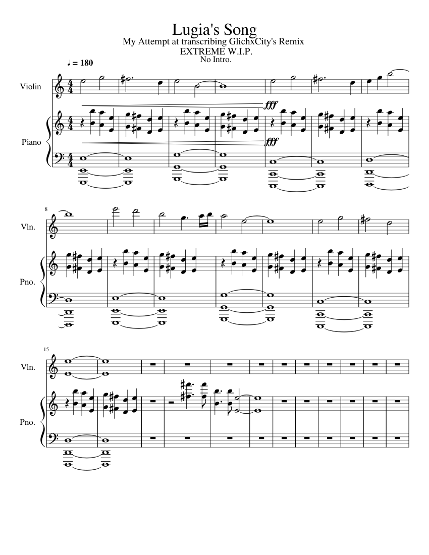 Lugia's Song - GlitchxCity's remix (Attempted Transcription WIP) Sheet music  for Piano, Violin (Solo) | Musescore.com