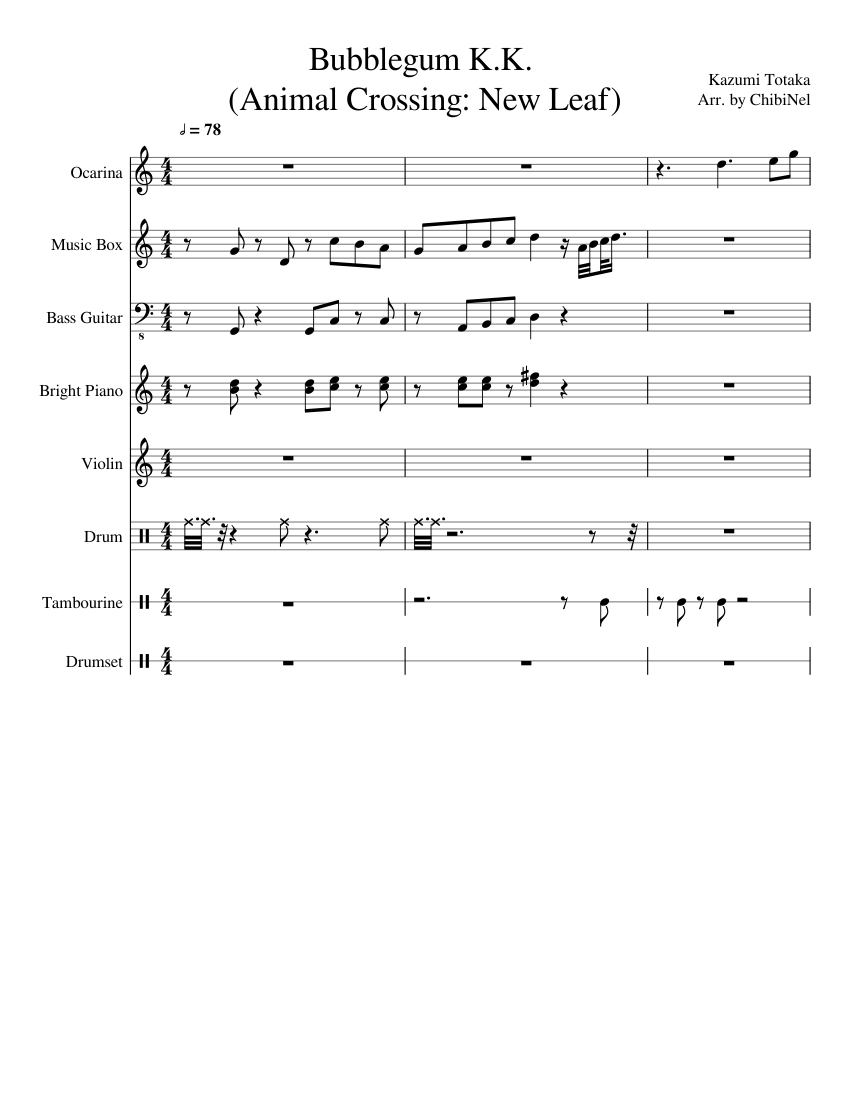 Bubblegum K.K. (Animal Crossing: New Leaf) Sheet music for Piano,  Tambourine, Vibraphone, Snare drum & more instruments (Mixed Ensemble) |  Musescore.com