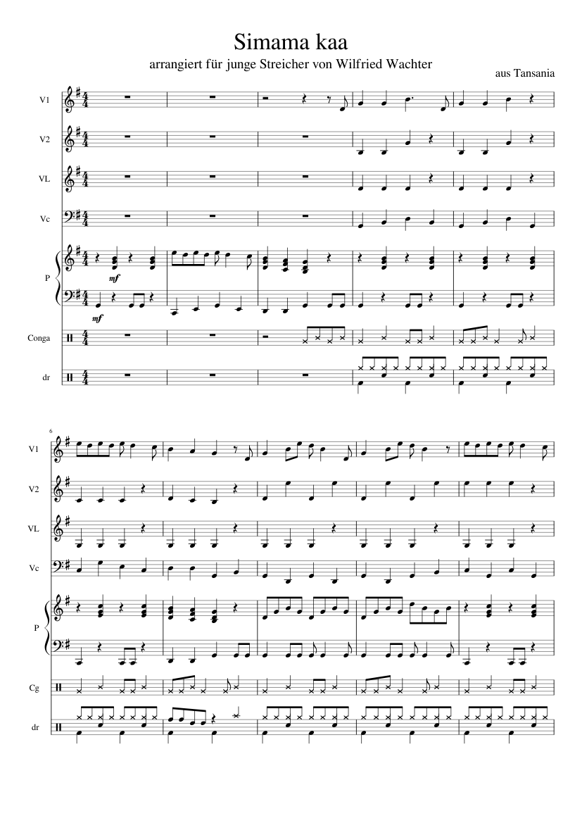 Simama Simama kaa Sheet Music for Piano, Violin, Cello, Drum group (Mixed ...