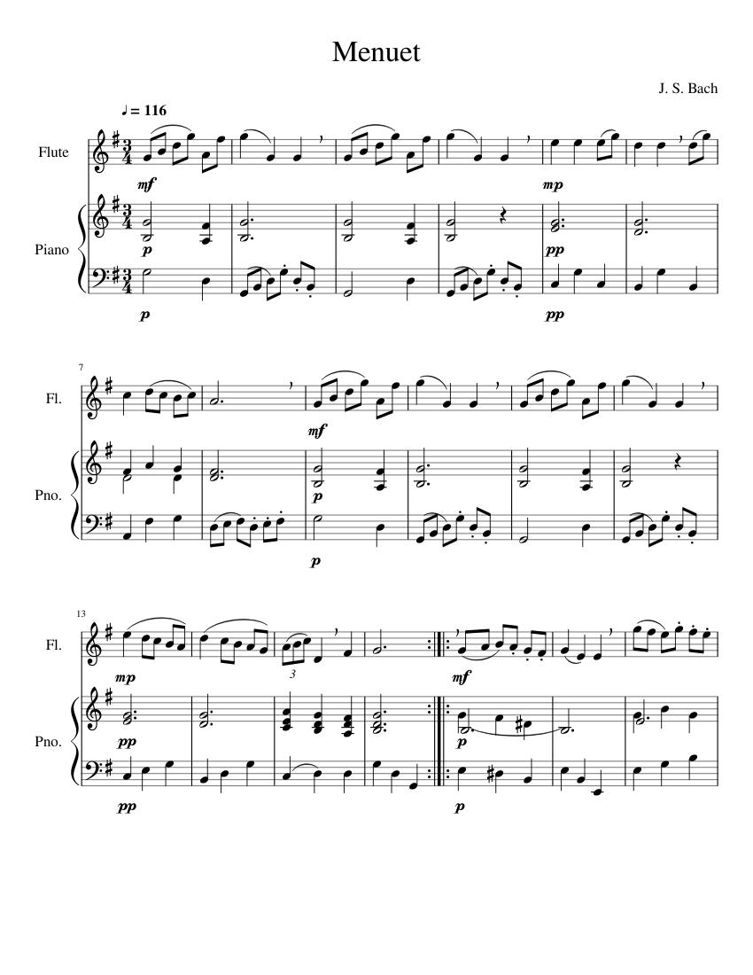 Menuet - J.S. Bach Sheet music for Piano, Flute (Solo) | Musescore.com