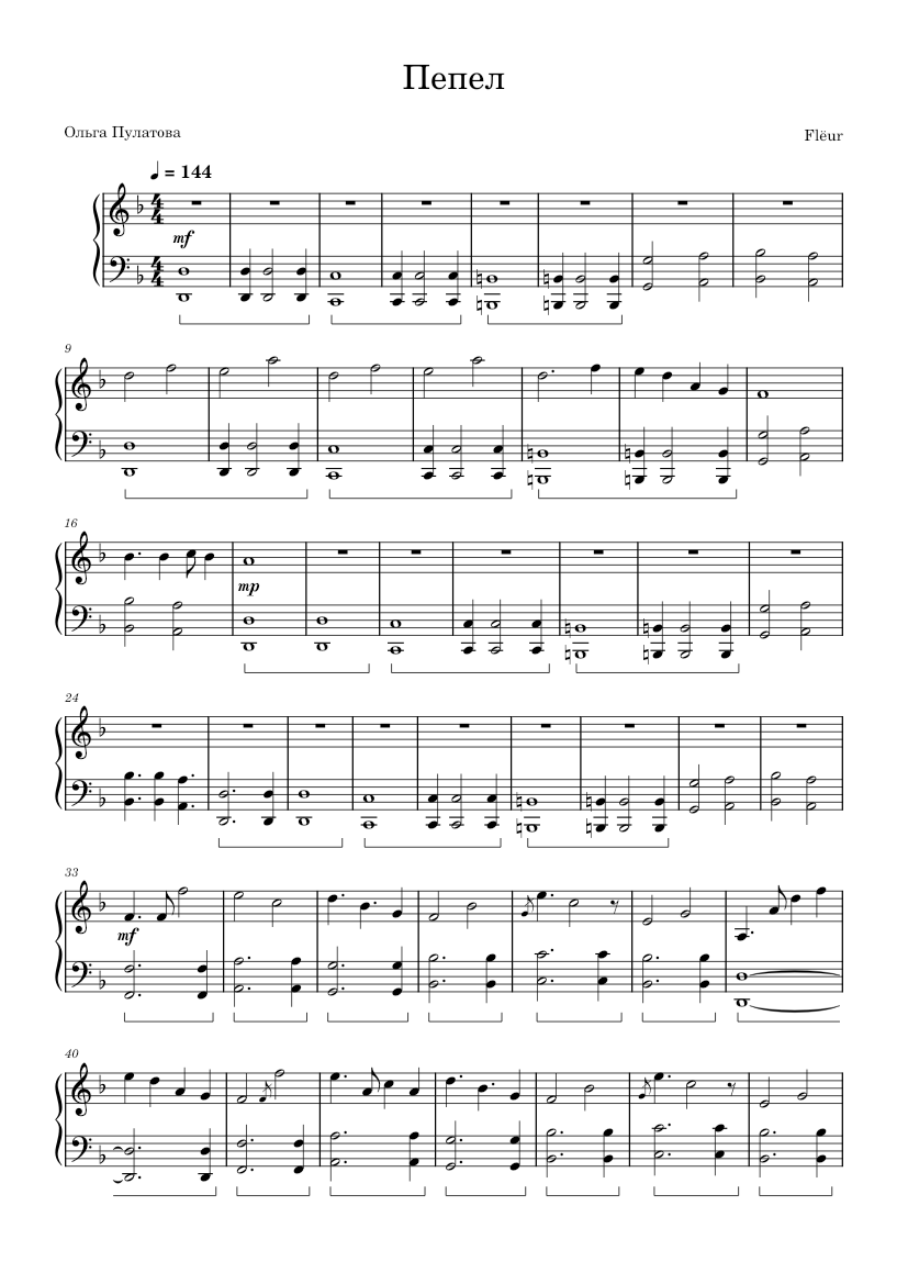 Пепел – Flёur Sheet Music For Piano (Solo) Easy | Musescore.Com