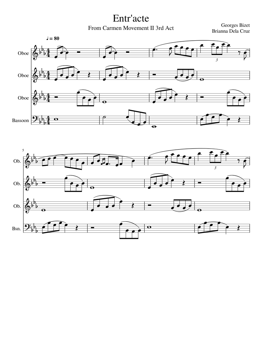 Entract Entr acte from Carmen Sheet music for Oboe, Bassoon (Woodwind Quartet ...