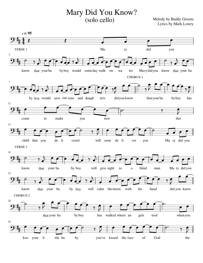 Mary Did You Know? (with lyrics) Sheet music for Cello (Solo ...
