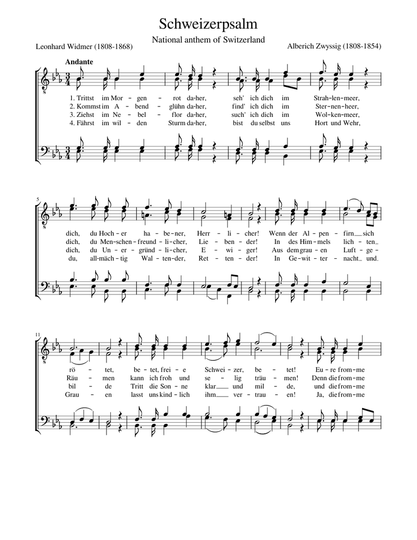 National anthem of Switzerland - Schweizerpsalm (Swiss Psalm) Sheet music  for Vocals (Men's Choir) | Musescore.com